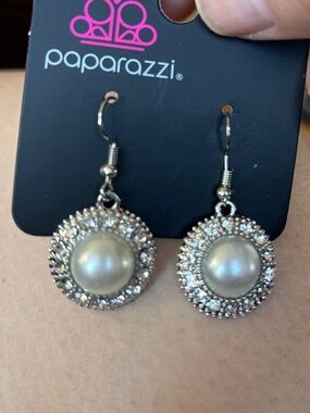 paparazzi Silver and White Pearl Halo Drop Earrings